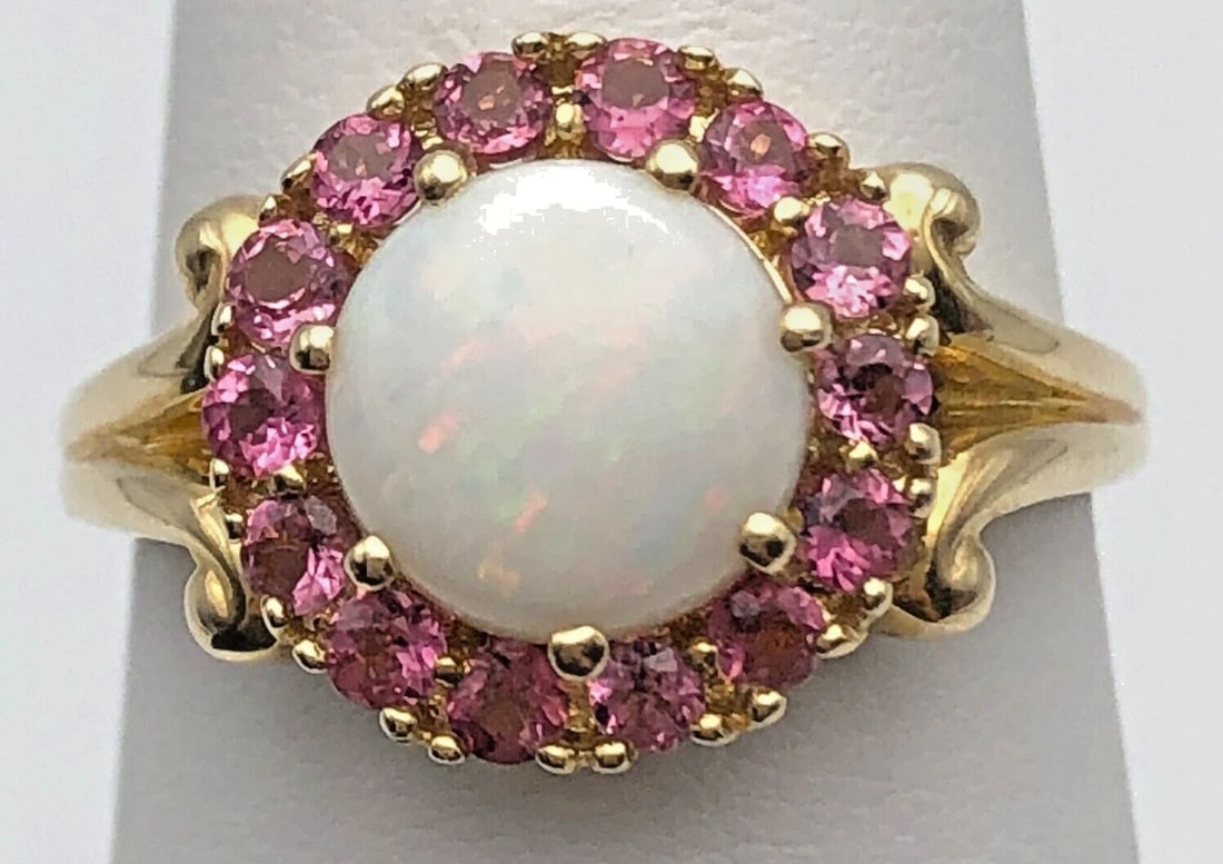 14K YELLOW GOLD RING SET WITH 1CT OPAL AND PINK CUBIC ZIRCONIA (SIZE 7.5) 4.4G (1 of 2)