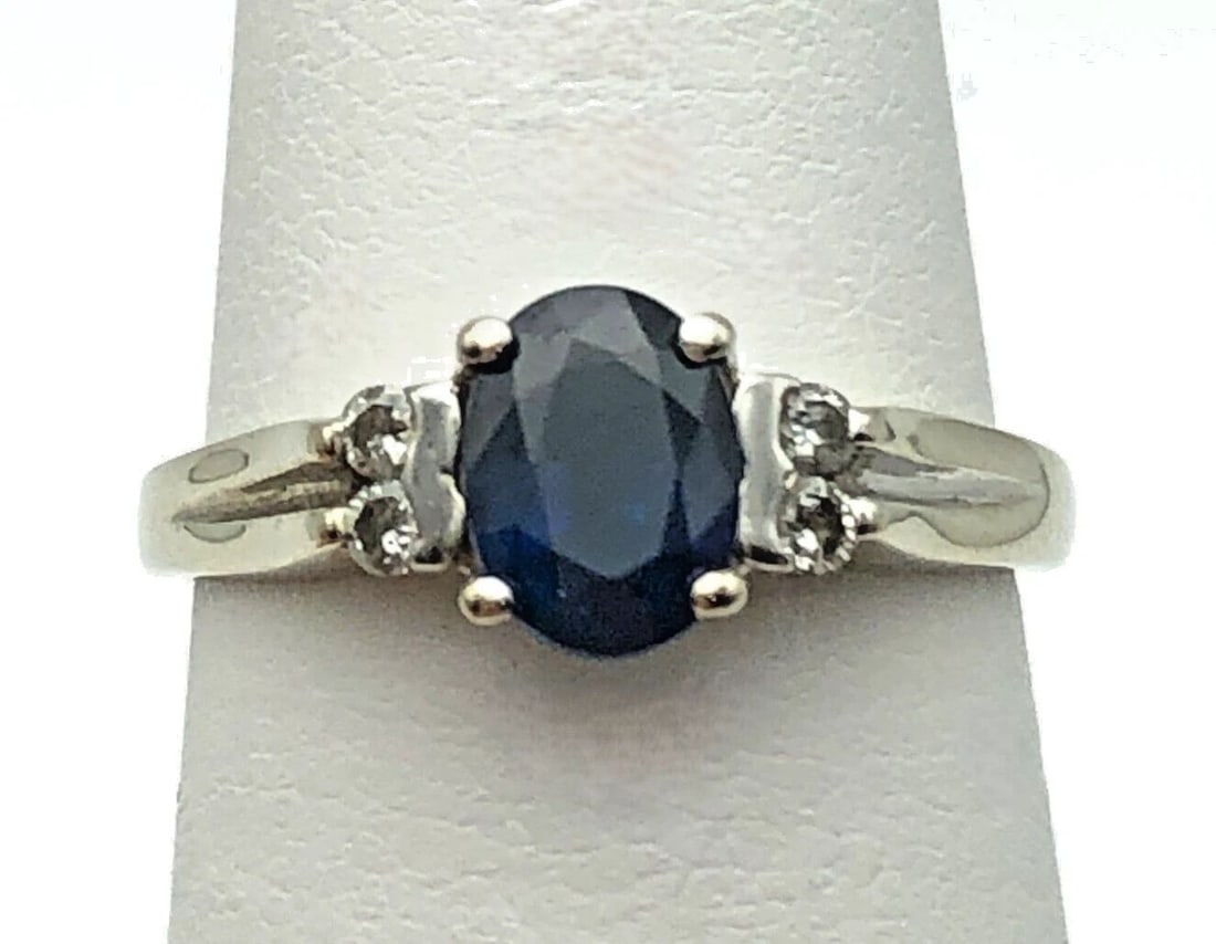 14K WHITE GOLD RING, 1.0CT NATURAL SAPPHIRE, DIAMONDS (SIZE 6.5) 2.8 GRAMS (1 of 1)