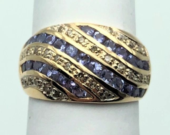 10K GOLD WIDE RING WITH TANZANITE AND 0.14CTW DIAMONDS (SIZE 6.75) 3.7 GRAM (1 of 2)