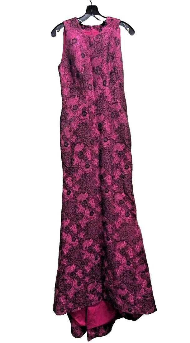 ZAC POSEN LONG DRESS, FLORAL, LUREX FUCHSIA, RICH MAROON SPARKLING SIZE: 6 (1 of 2)