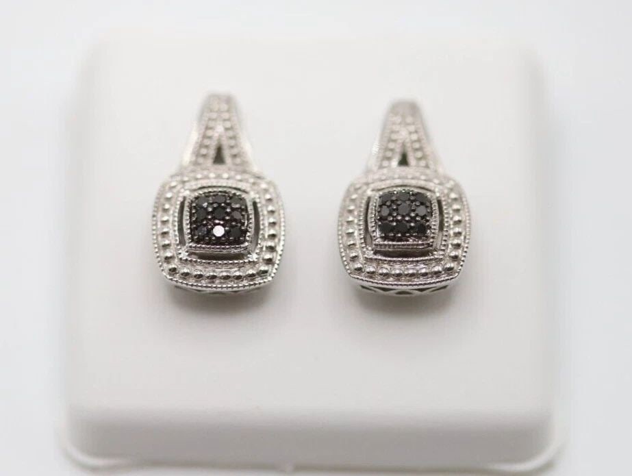 STERLING SILVER EARRINGS WITH 1/6CT BLACK DIAMONDS MADE IN ITALY 5 GRAMS (1 of 2)