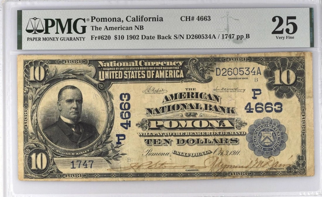 1902 $10 AMERICAN NATIONAL BANK NOTE POMONA CA PMG VF25 VERY FINE FR #620 (1 of 2)