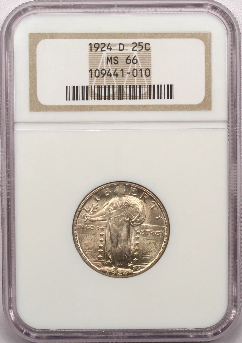 1924-D STANDING LIBERTY QUARTER 25C, NGC MS66, GEM UNCIRCULATED BU LIGHTLY TONED (1 of 2)