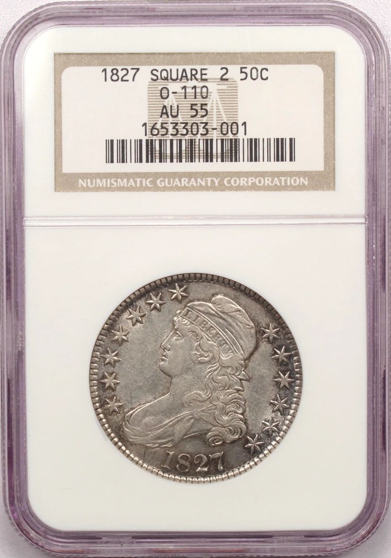1827 SQUARE 2 O-110 CAPPED BUST HALF DOLLAR 50C, NGC AU55, ABOUT UNCIRCULATED (1 of 2)
