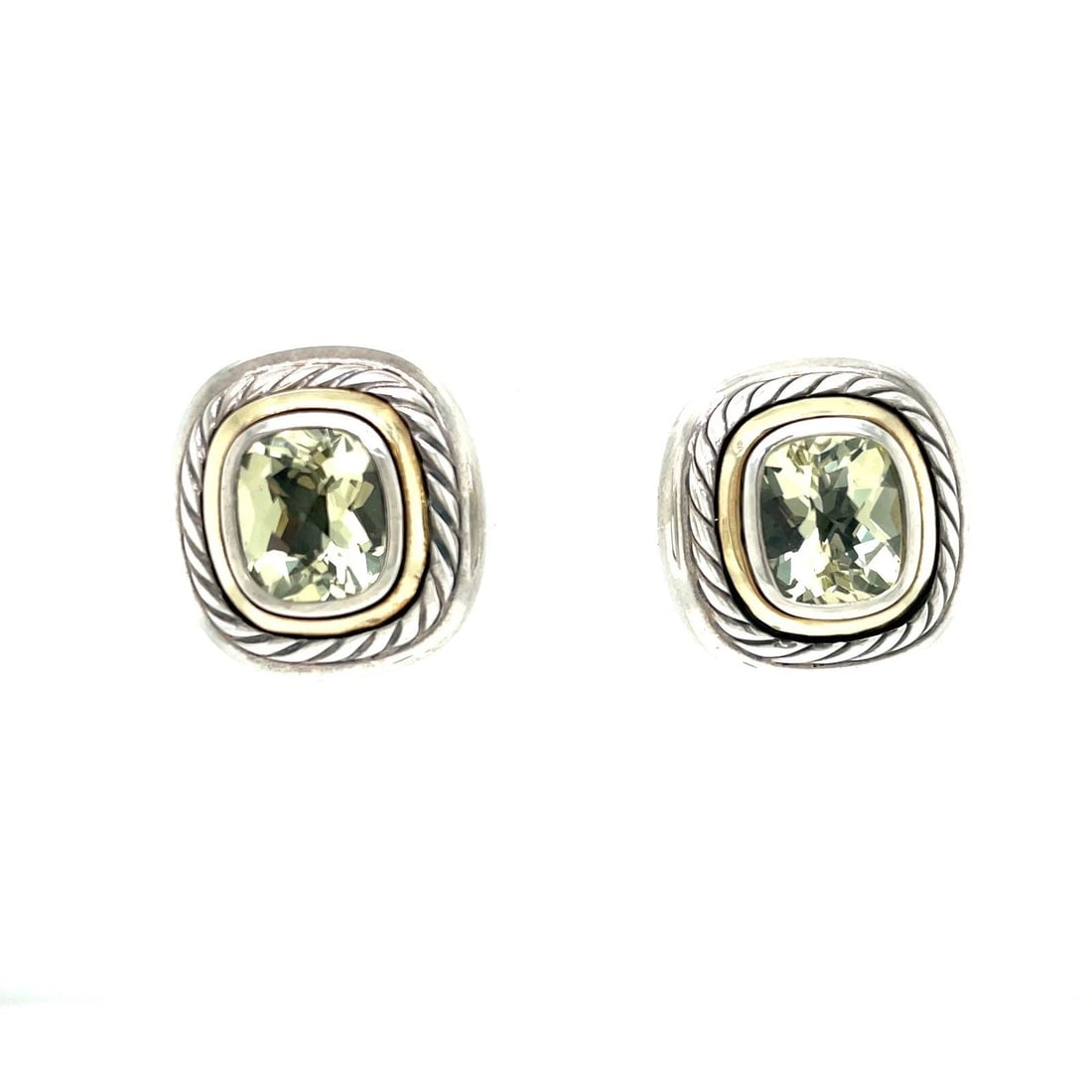 VINTAGE DAVID YURMAN TWO-TONE CABLE ALBION PRASIOLITE EARRINGS IN 925 & 18K: VINTAGE DAVID YURMAN TWO-TONE CABLE ALBION PRASIOLITE EARRINGS IN 925 & 18K Elevate your jewelry collection with these stunning Vintage David Yurman Two-Tone Cable Albion Prasiolite Earrings Crafted f