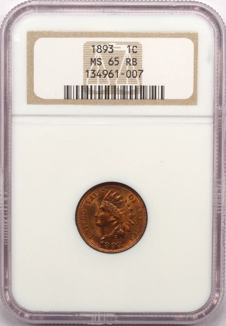 1893 INDIAN HEAD CENT 1C, NGC MS65RB, GEM UNCIRCULATED BU, RED/BROWN MOSTLY RED (1 of 2)