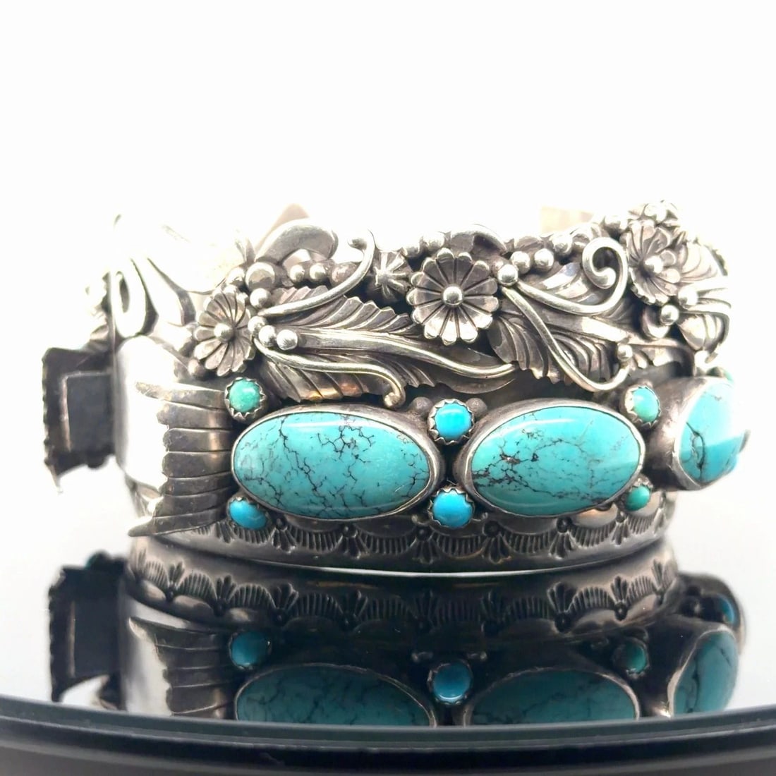 VINTAGE NAVAJO .925 STERLING WATCH BAND WITH TURQUOISE AND RED CORAL 133.5G (1 of 2)