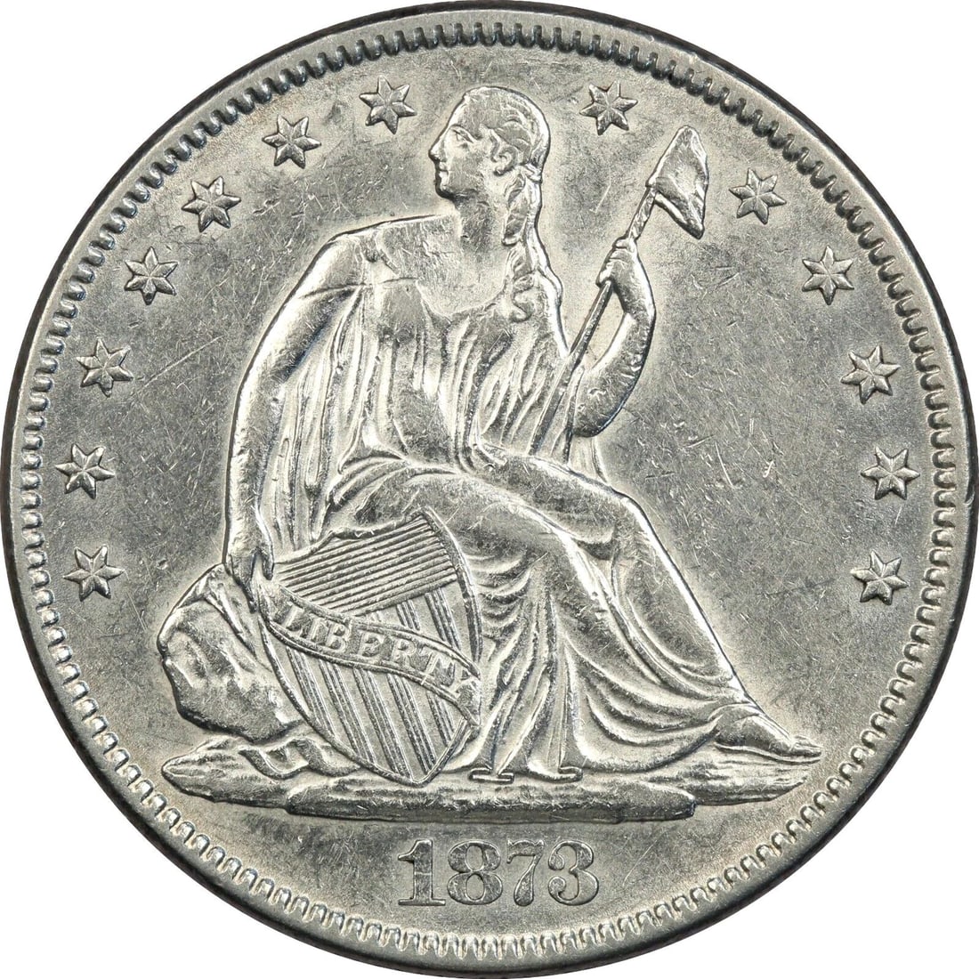 1873 CLOSED 3 NO ARROWS SEATED LIBERTY HALF DOLLAR 50C, ABOUT UNCIRCULATED AU (1 of 2)