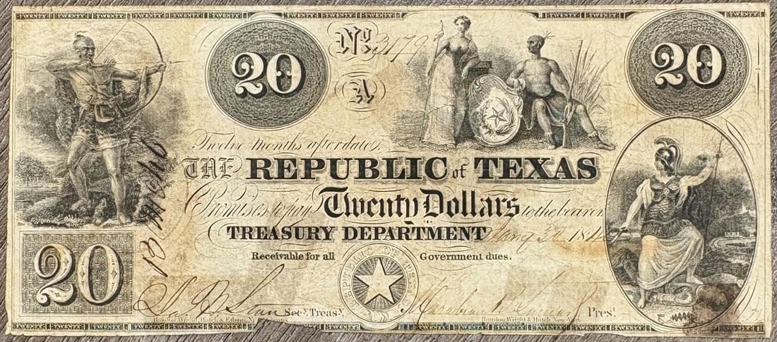 1839-1841 REPUBLIC OF TEXAS $20 OBSOLETE TREASURY NOTE, VERY FINE VF, SMALL CUT (1 of 2)