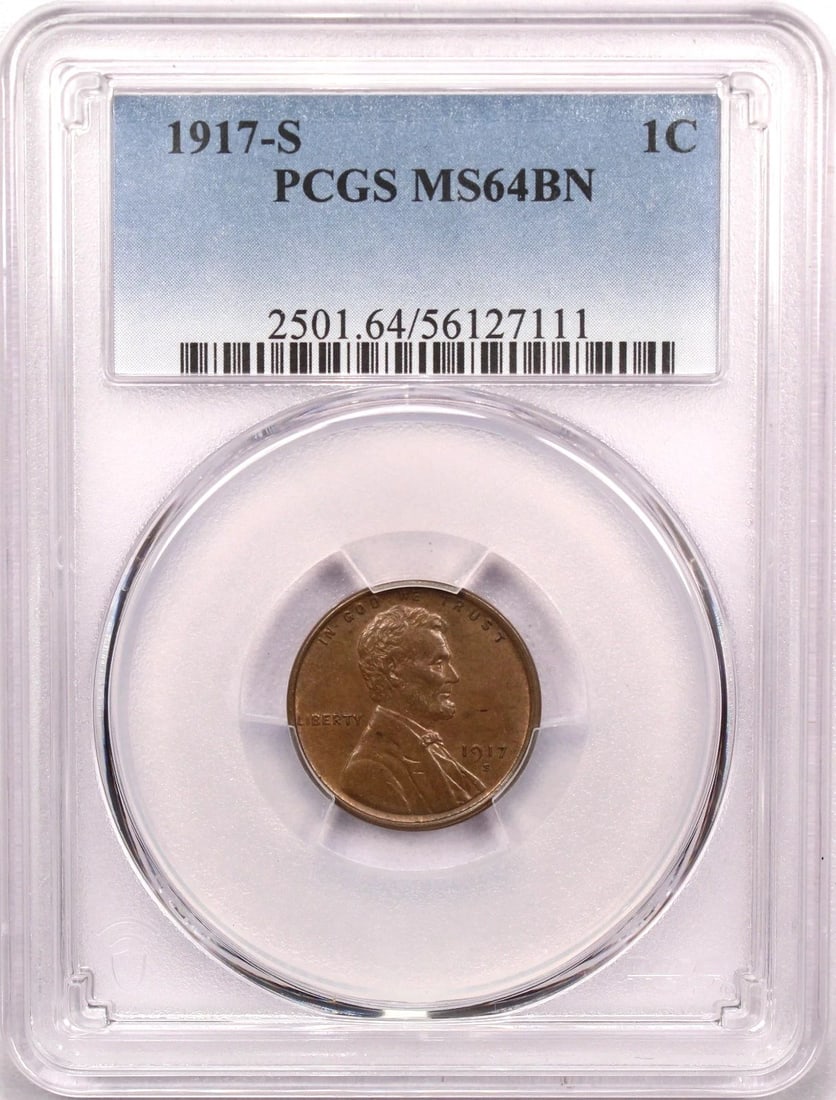 1917-S LINCOLN WHEAT CENT 1C, PCGS MS64BN BROWN, CHOICE UNCIRCULATED BU (1 of 2)