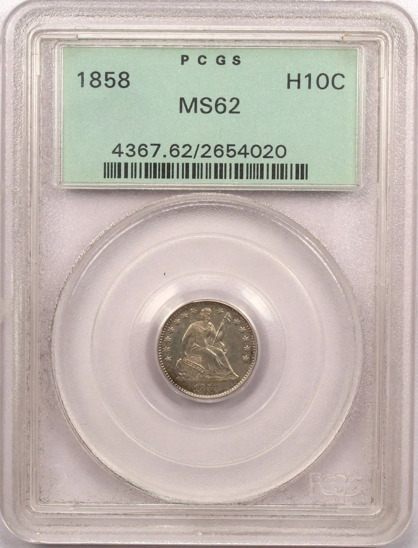 1858 SEATED LIBERTY HALF DIME H10C, PCGS MS62 OGH, UNCIRCULATED BU (1 of 2)