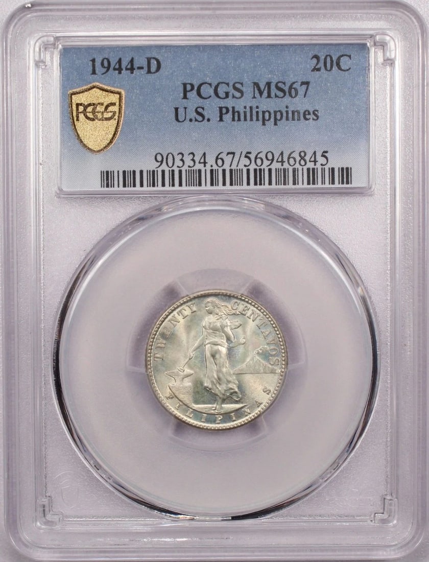 1944-D U.S. PHILIPPINES 20 CENTAVOS, PCGS MS67, GEM UNCIRCULATED, LIGHT TONING: 1944-D U.S. PHILIPPINES 20 CENTAVOS, PCGS MS67, GEM UNCIRCULATED, LIGHT TONING 1944-D U S Philippines 20 Centavos, PCGS MS67, Gem Uncirculated, Light Toning THE ITEM(S) IN THE PHOTO(S) IS THE EXACT IT