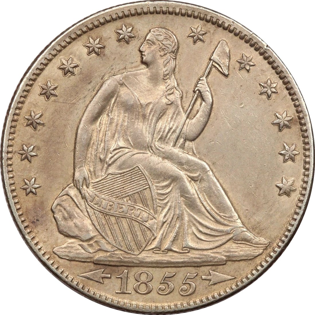 1855-O ARROWS SEATED LIBERTY HALF DOLLAR 50C, UNCIRCULATED BU, CLEANED (1 of 2)