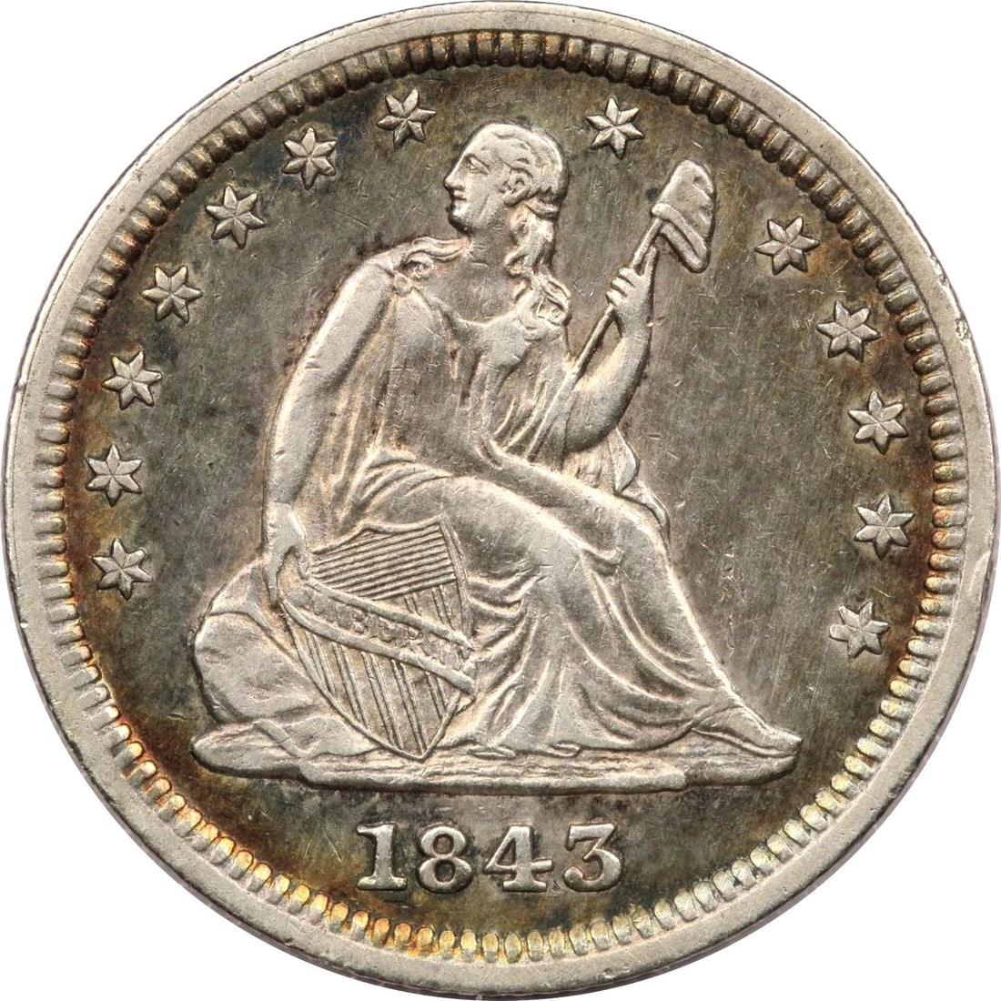 1843 SEATED LIBERTY QUARTER 25C, ABOUT UNCIRCULATED AU, COLORFUL TONING! (1 of 2)