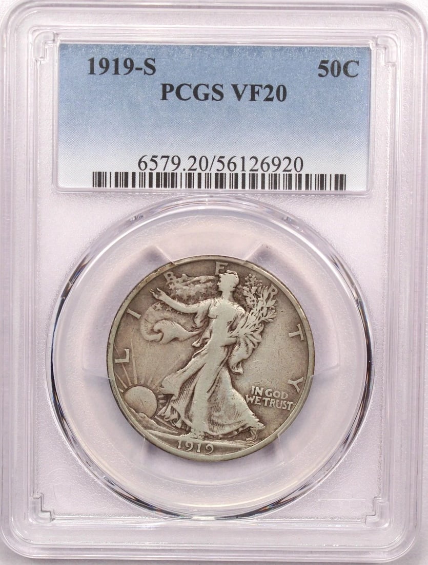 1919-S WALKING LIBERTY HALF DOLLAR 50C, PCGS VF20, VERY FINE: 1919-S WALKING LIBERTY HALF DOLLAR 50C, PCGS VF20, VERY FINE 1919-S Walking Liberty Half Dollar 50C, PCGS VF20, Very Fine