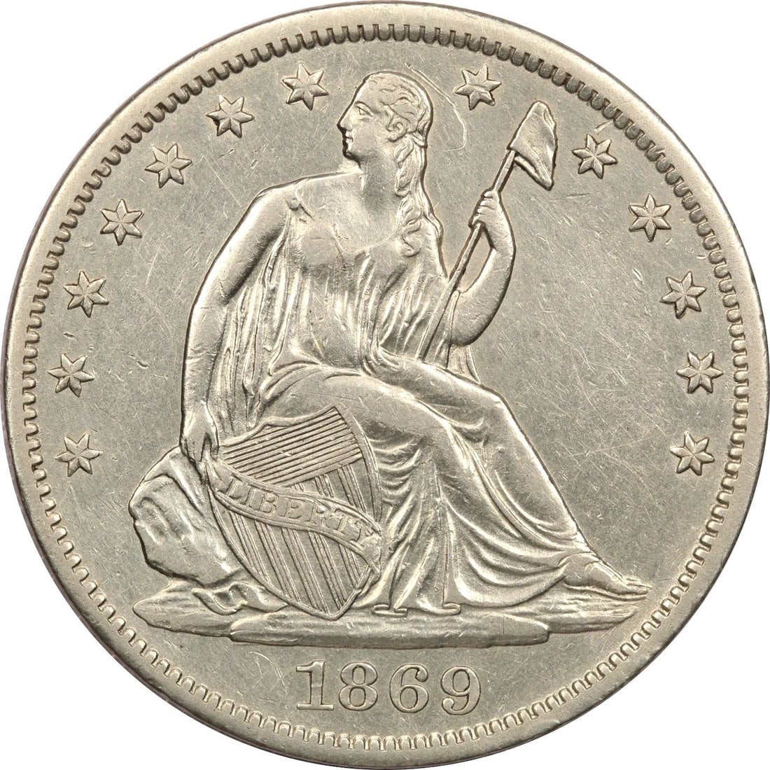 1869-S SEATED LIBERTY HALF DOLLAR 50C, ABOUT UNCIRCULATED AU, CLEANED (1 of 2)