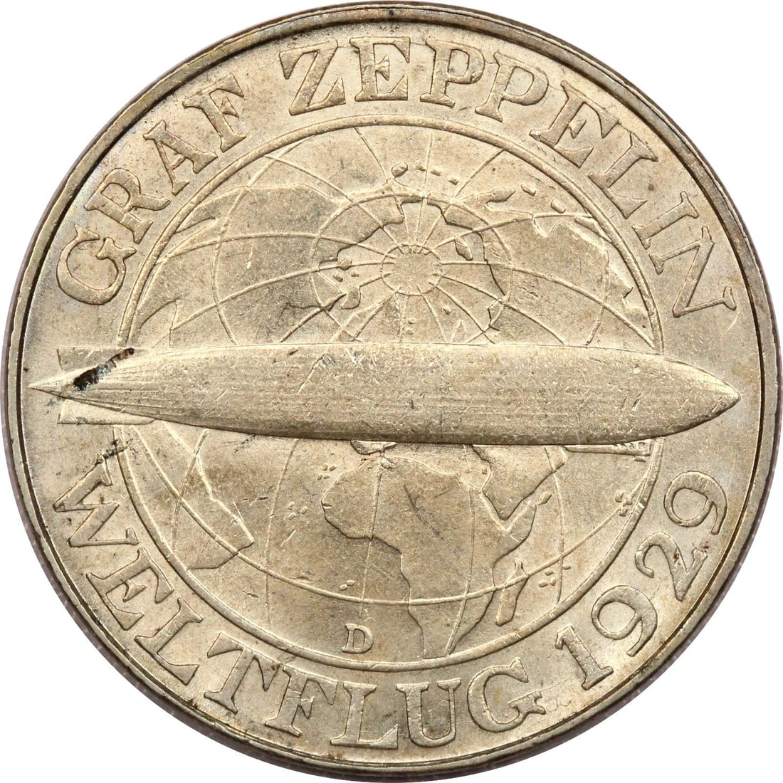 1930 D GERMANY WEIMAR REPUBLIC 3 REICHSMARK ZEPPELIN, UNCIRCULATED BU, TONED (1 of 2)