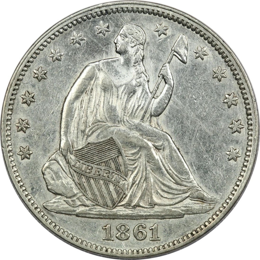 1861 SEATED LIBERTY HALF DOLLAR 50C, ABOUT UNCIRCULATED AU, MINOR SCRATCH: 1861 SEATED LIBERTY HALF DOLLAR 50C, ABOUT UNCIRCULATED AU, MINOR SCRATCH 1861 Seated Liberty Half Dollar 50C, About Uncirculated AU, Minor Scratch