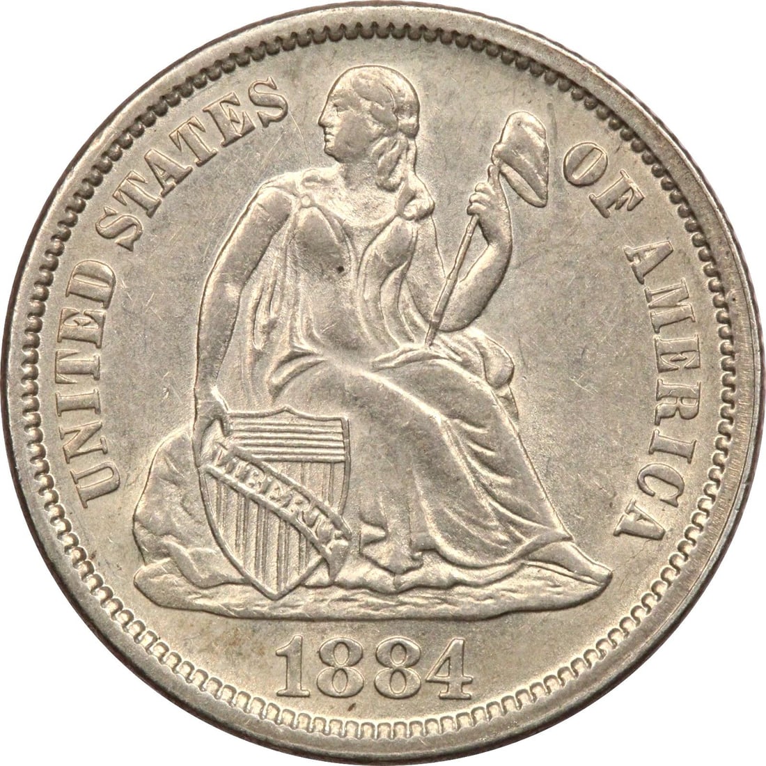 1884 SEATED LIBERTY DIME 10C, UNCIRCULATED BU: 1884 SEATED LIBERTY DIME 10C, UNCIRCULATED BU 1884 Seated Liberty Dime 10C, Uncirculated BU THE ITEM(S) IN THE PHOTO(S) IS THE EXACT ITEM(S) YOU WILL RECEIVE!