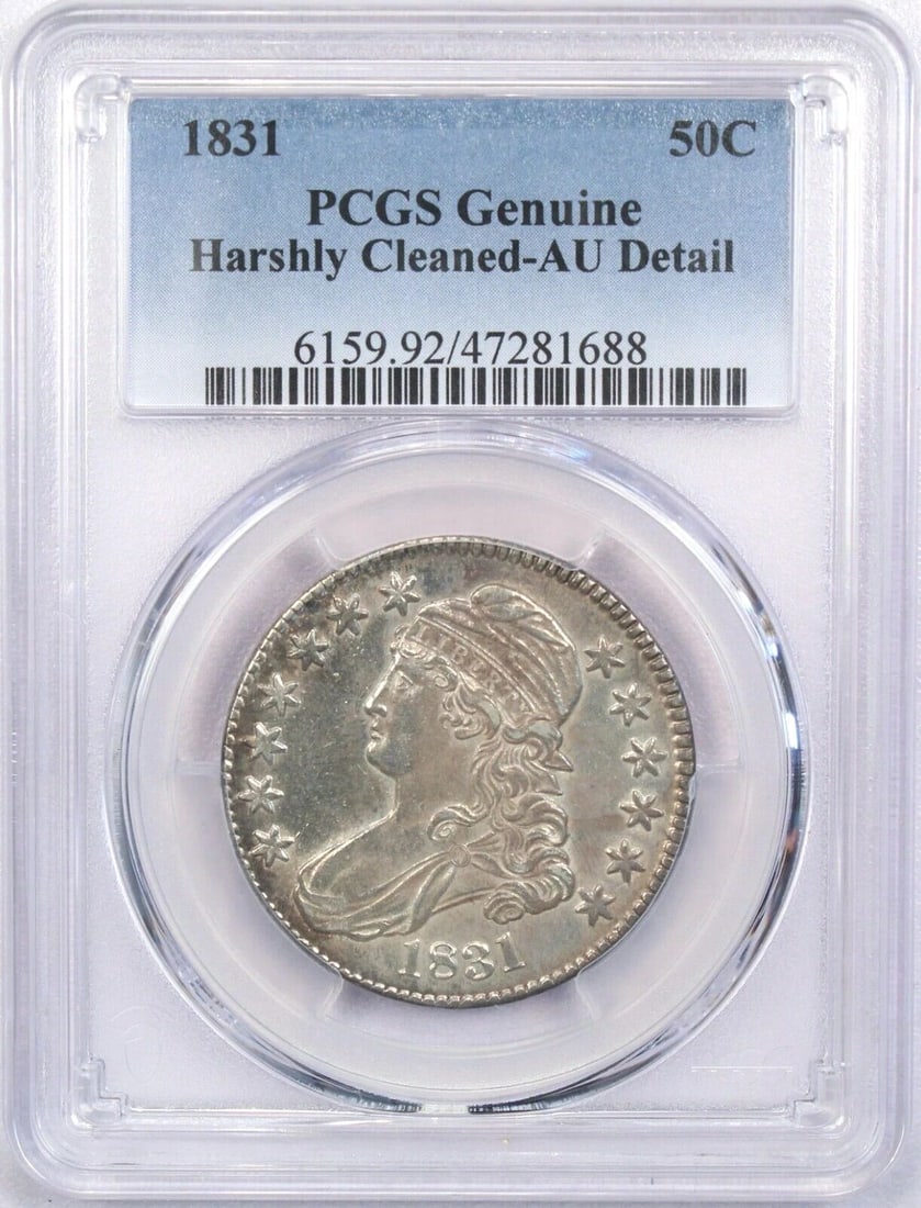 1831 CAPPED BUST HALF DOLLAR 50C, PCGS AU DETAIL, HARSHLY CLEANED (1 of 2)