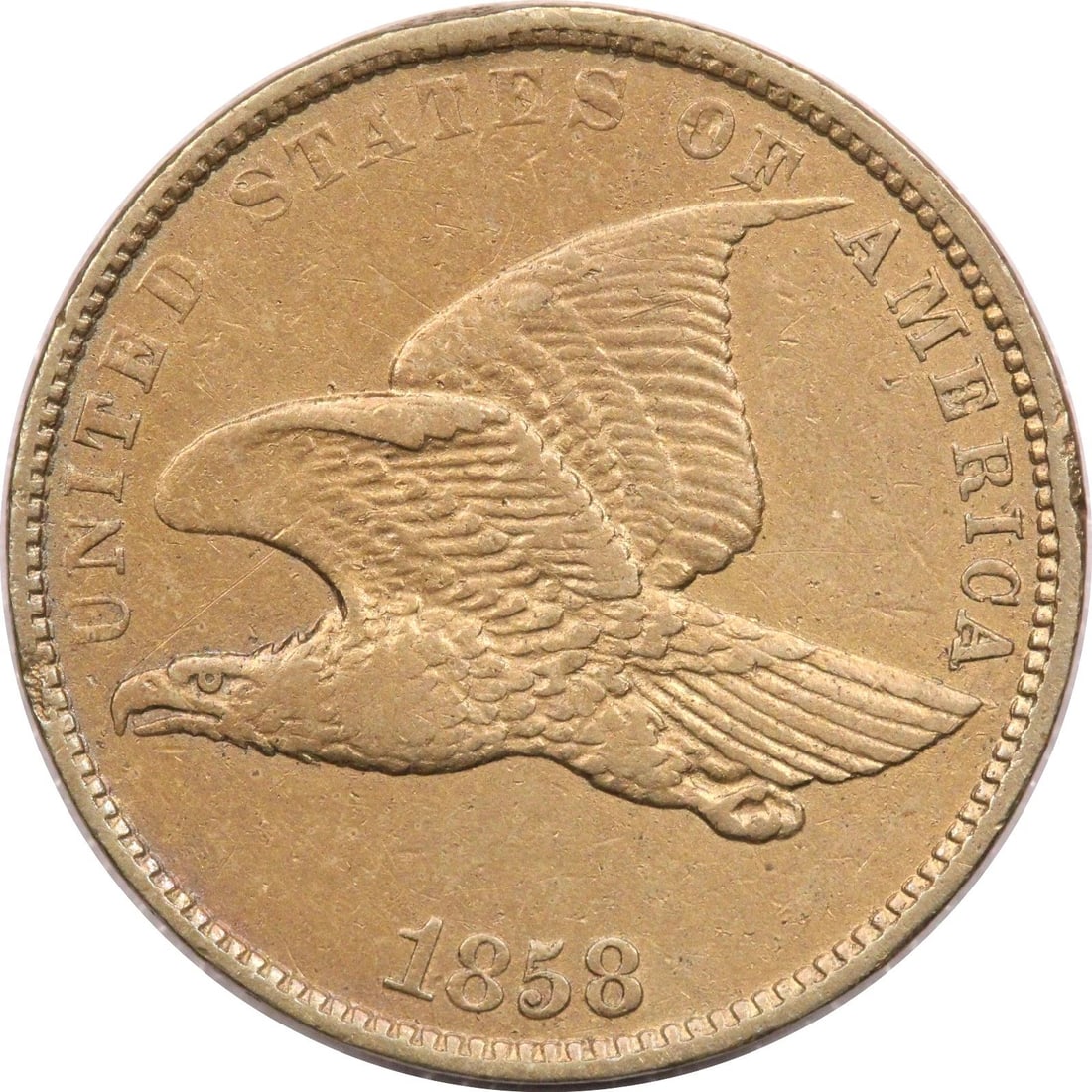 1858 FLYING EAGLE CENT 1C, ABOUT UNCIRCULATED AU, CLEANED (1 of 2)