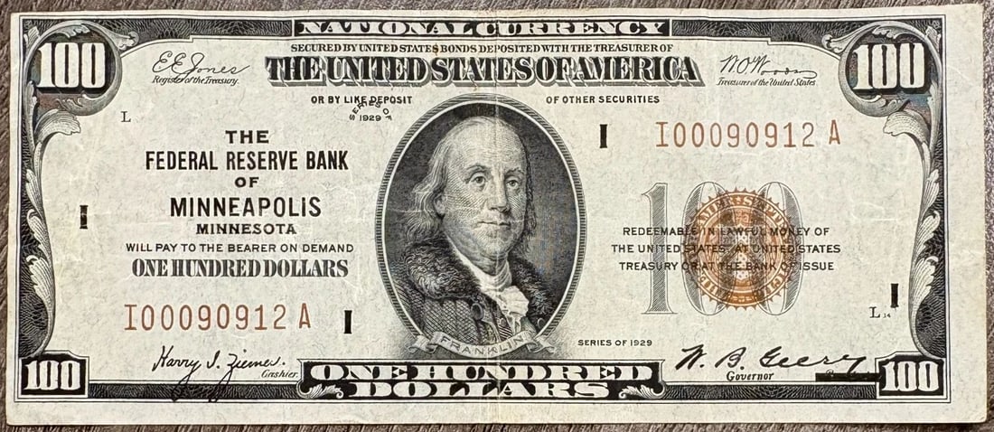 1929 $100 NATIONAL CURRENCY FRN MINNEAPOLIS MN, VERY FINE VF+ (1 of 2)