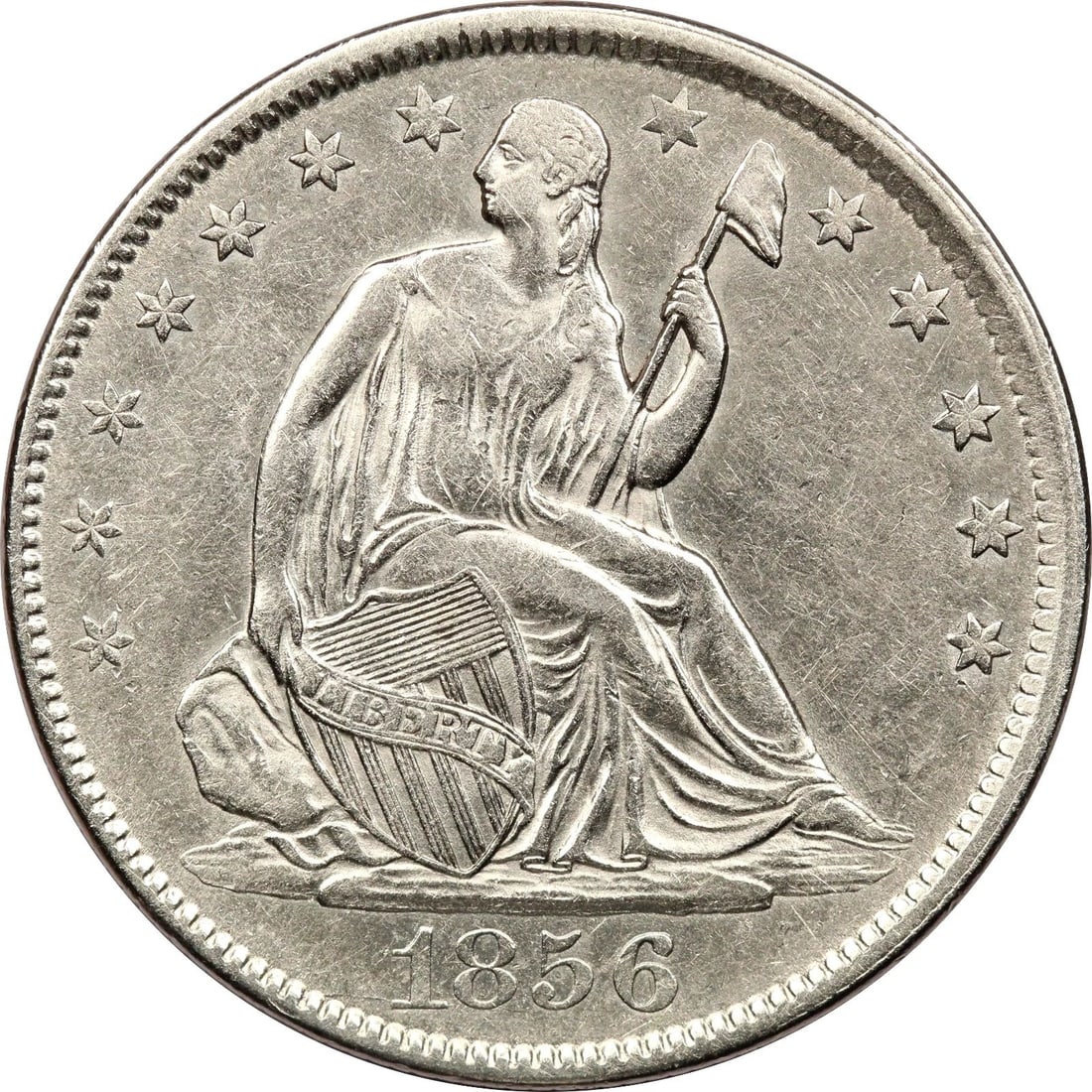 1856 SEATED LIBERTY HALF DOLLAR 50C, ABOUT UNCIRCULATED AU, CLEANED: 1856 SEATED LIBERTY HALF DOLLAR 50C, ABOUT UNCIRCULATED AU, CLEANED 1856 Seated Liberty Half Dollar 50C, About Uncirculated AU, Cleaned THE ITEM(S) IN THE PHOTO(S) IS THE EXACT ITEM(S) YOU WILL RECEIV