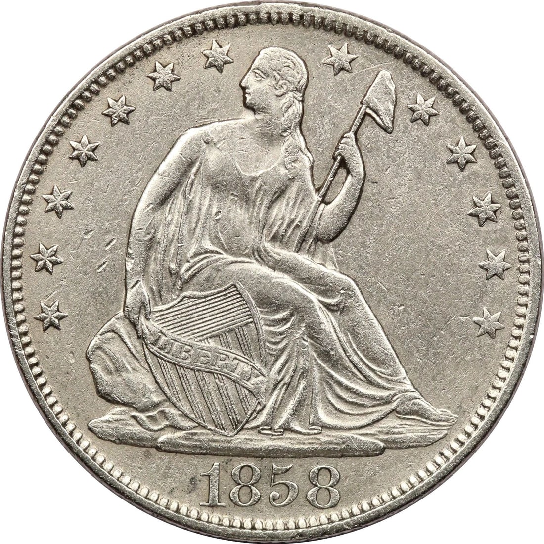 1858-O SEATED LIBERTY HALF DOLLAR 50C, ABOUT UNCIRCULATED AU, CLEANED: 1858-O SEATED LIBERTY HALF DOLLAR 50C, ABOUT UNCIRCULATED AU, CLEANED 1858-O Seated Liberty Half Dollar 50C, About Uncirculated AU, Cleaned THE ITEM(S) IN THE PHOTO(S) IS THE EXACT ITEM(S) YOU WILL RE