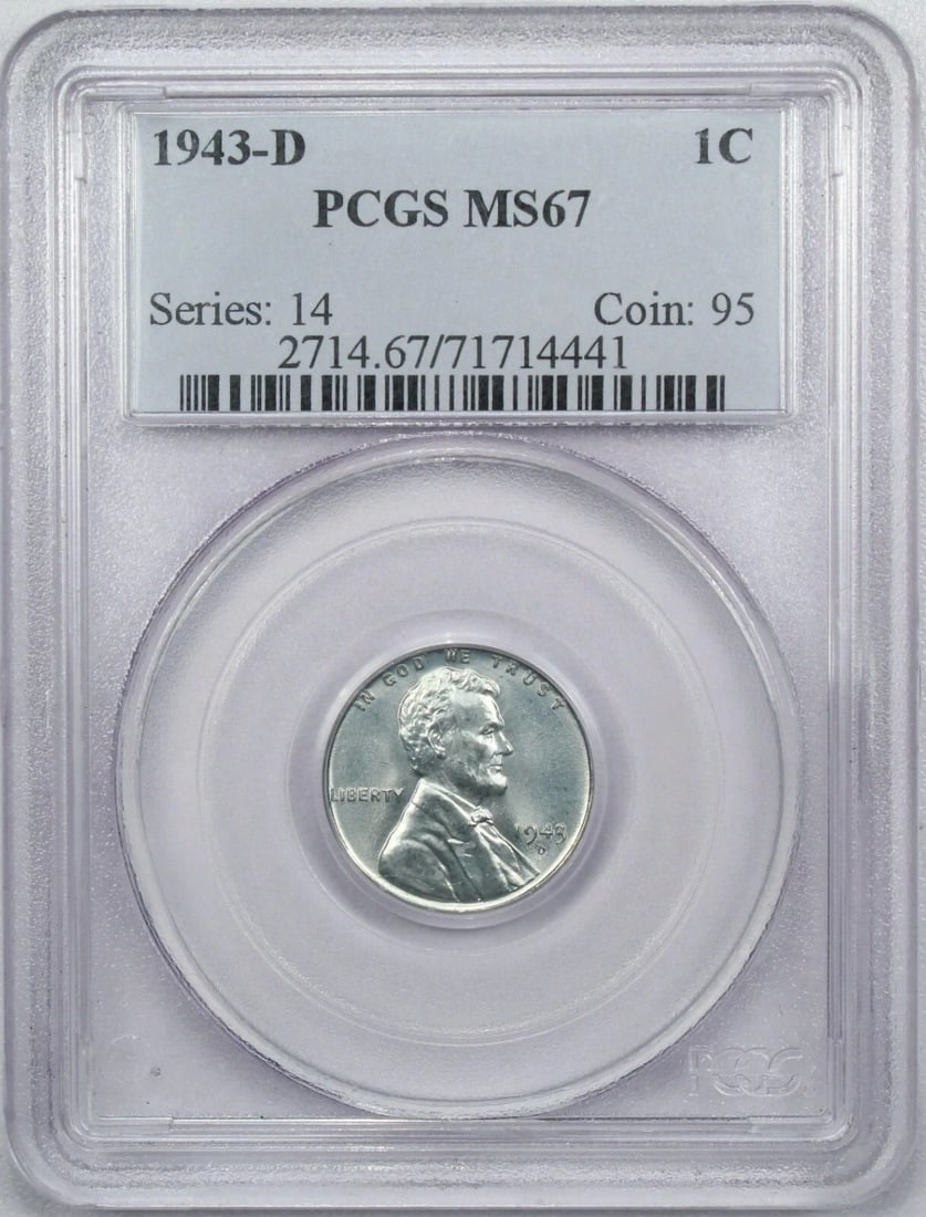 1943-D STEEL LINCOLN WHEAT CENT 1C, PCGS MS67, GEM UNCIRCULATED, SPOT ON REVERSE (1 of 2)