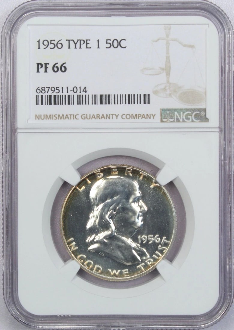 1956 TYPE 1 PROOF FRANKLIN HALF DOLLAR, NGC PF66, LIGHTLY TONED (1 of 2)
