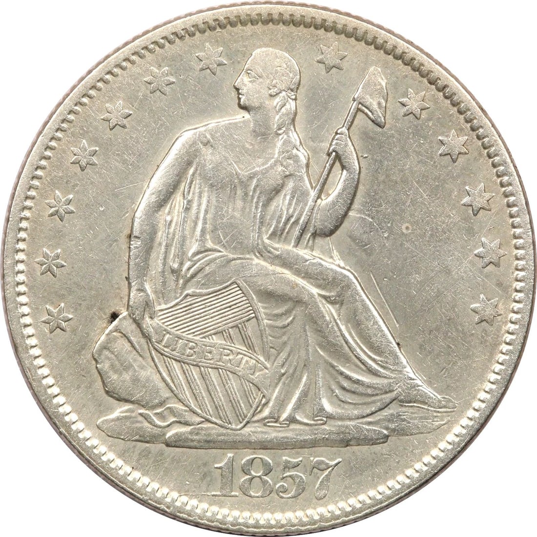 1857 SEATED LIBERTY HALF DOLLAR 50C, ABOUT UNCIRCULATED AU, CLEANED: 1857 SEATED LIBERTY HALF DOLLAR 50C, ABOUT UNCIRCULATED AU, CLEANED 1857 Seated Liberty Half Dollar 50C, About Uncirculated AU, Cleaned THE ITEM(S) IN THE PHOTO(S) IS THE EXACT ITEM(S) YOU WILL RECEIV