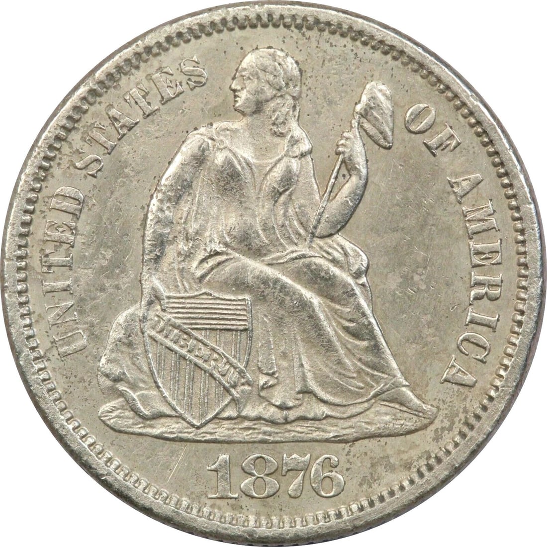 1876-CC SEATED LIBERTY DIME 10C, UNCIRCULATED BU, MINOR ENVIRONMENTAL DAMAGE (1 of 2)