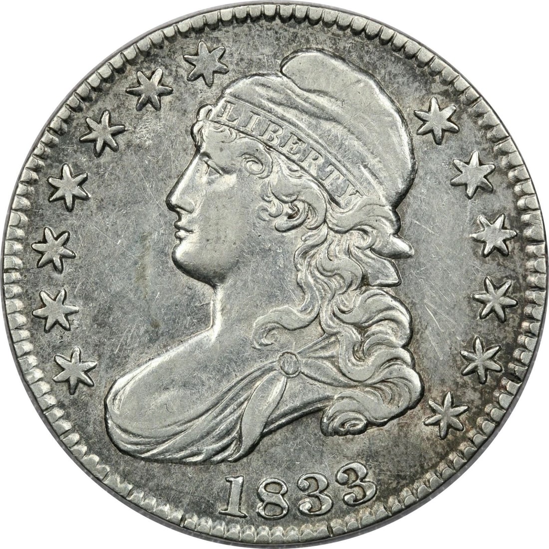 1833 CAPPED BUST HALF DOLLAR 50C, ABOUT UNCIRCULATED AU, LIGHTLY CLEANED (1 of 2)
