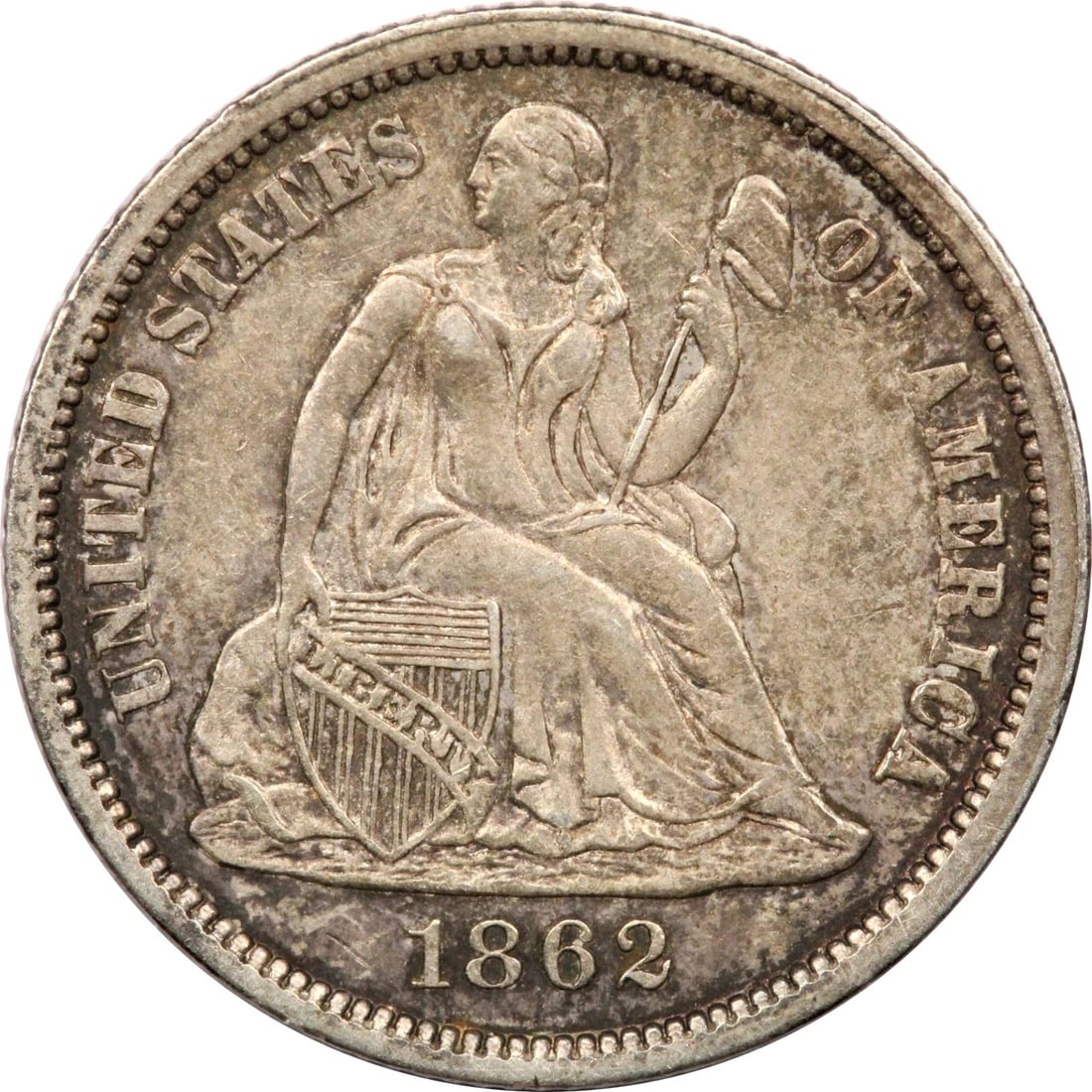1862 SEATED LIBERTY DIME 10C, ABOUT UNCIRCULATED AU+, TONED (1 of 2)