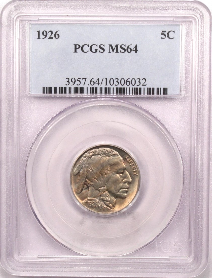 1926 BUFFALO NICKEL 5C, PCGS MS64, CHOICE UNCIRCULATED BU, LIGHTLY TONED: 1926 BUFFALO NICKEL 5C, PCGS MS64, CHOICE UNCIRCULATED BU, LIGHTLY TONED 1926 Buffalo Nickel 5C, PCGS MS64, Choice Uncirculated BU, Lightly Toned THE ITEM(S) IN THE PHOTO(S) IS THE EXACT ITEM(S) YOU W