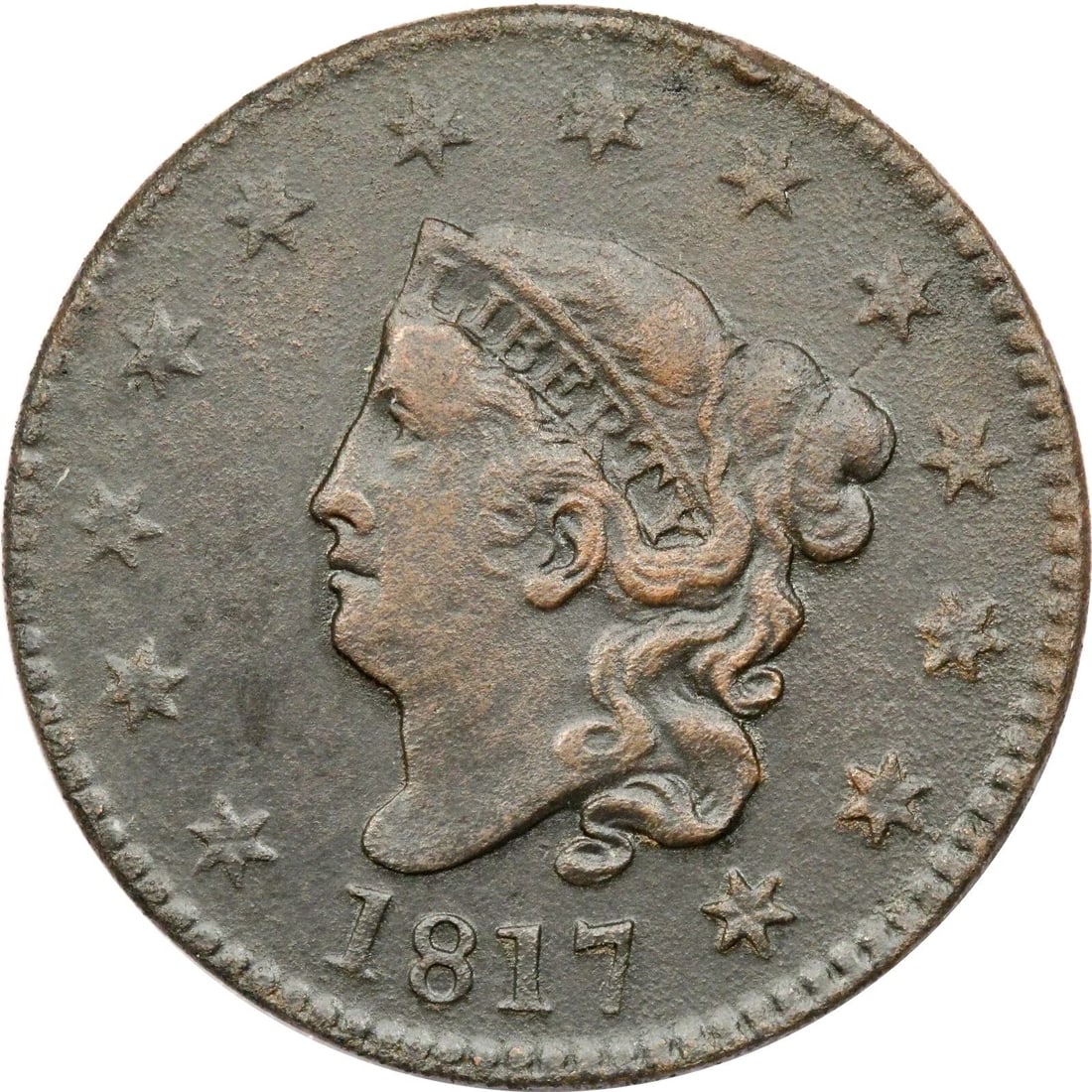 1817 CORONET HEAD LARGE CENT 1C, EXTREMELY FINE XF, ENVIRONMENTAL DAMAGE (1 of 2)