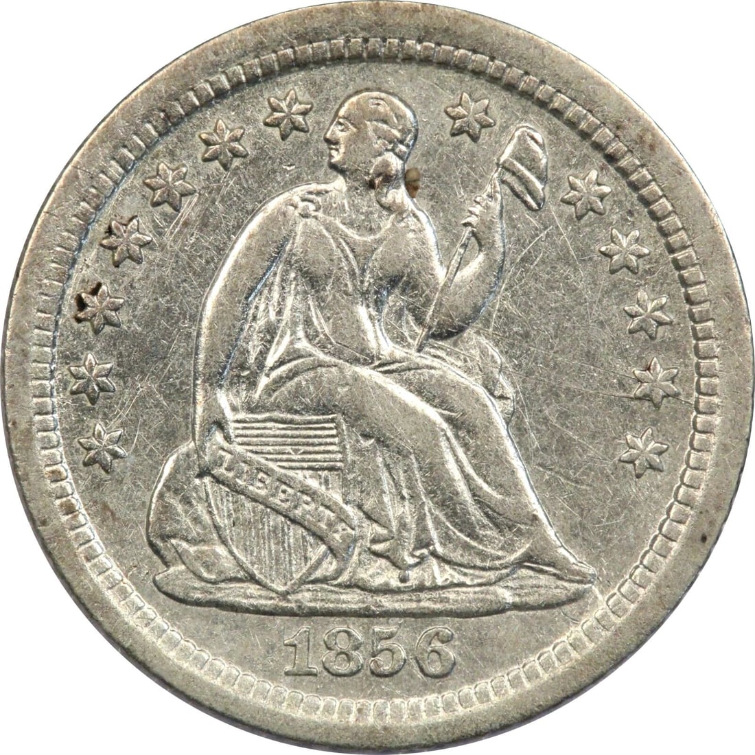 1856-O SEATED LIBERTY HALF DIME H10C, ABOUT UNCIRCULATED AU, MINOR SCRATCH (1 of 2)