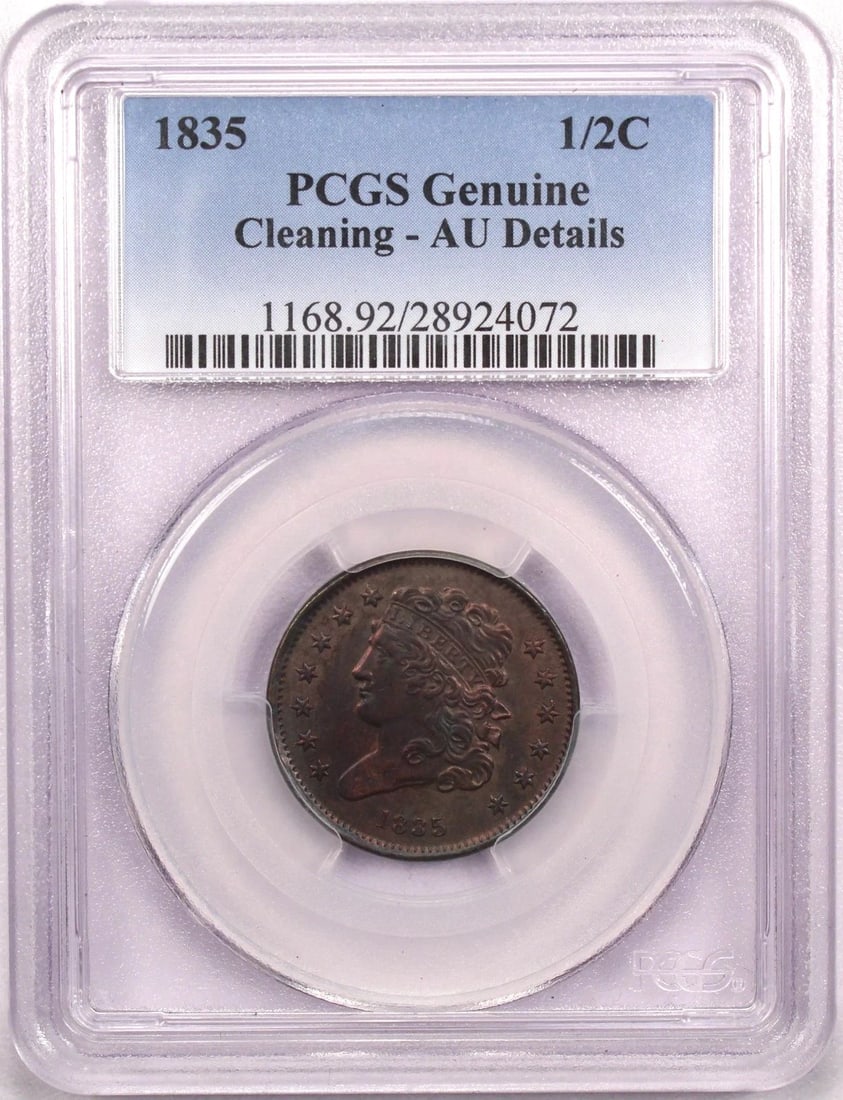 1835 CLASSIC HEAD HALF CENT 1/2C, PCGS GENUINE AU DETAILS CLEANING, ABOUT UNCIRC (1 of 2)