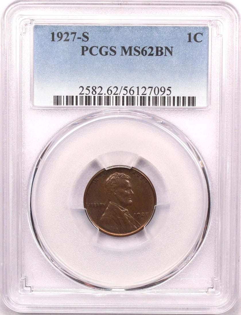 1927-S LINCOLN WHEAT CENT 1C, PCGS MS62BN BROWN, UNCIRCULATED BU (1 of 2)