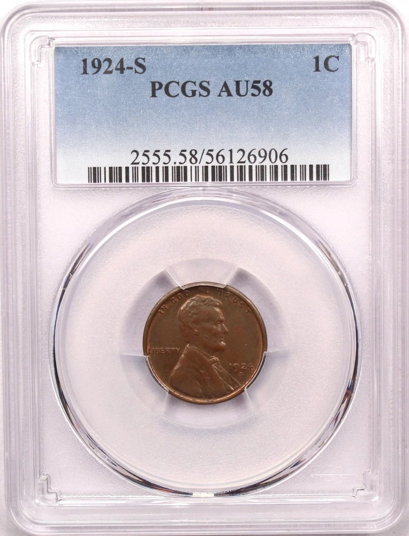 1924-S LINCOLN WHEAT CENT 1C, PCGS AU58, ABOUT UNCIRCULATED+, LOOKS BU! SOME RED (1 of 2)