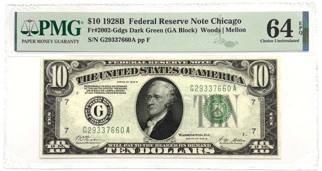 1928B $10 FRN CHICAGO DARK GREEN SEAL PMG CU64 EPQ, CHOICE UNCIRCULATED, FR 2002 (1 of 2)