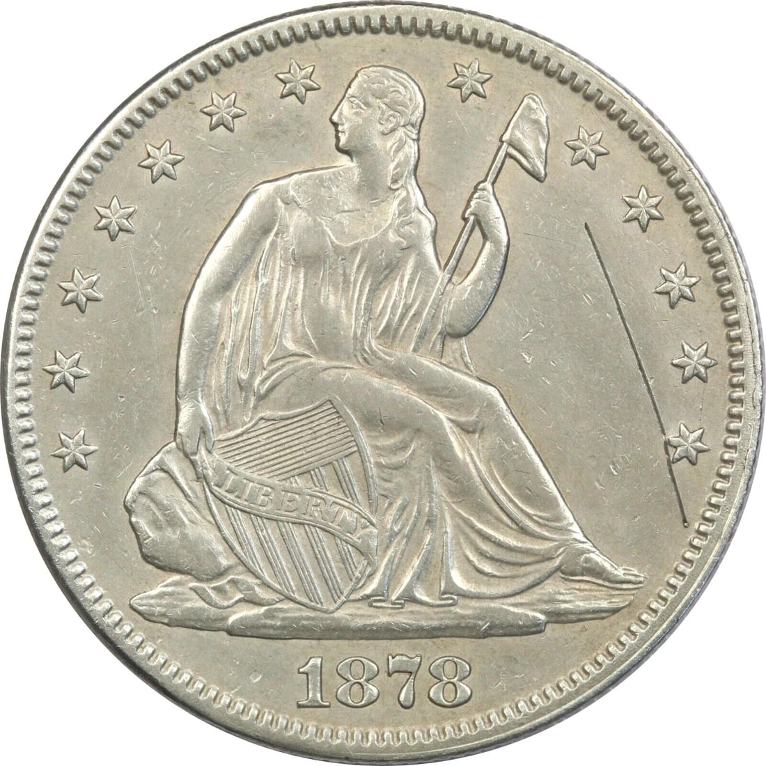 1878 SEATED LIBERTY HALF DOLLAR 50C, ABOUT UNCIRCULATED AU, CLEANED/SCRATCHED: 1878 SEATED LIBERTY HALF DOLLAR 50C, ABOUT UNCIRCULATED AU, CLEANED/SCRATCHED 1878 Seated Liberty Half Dollar 50C, About Uncirculated AU, Cleaned/Scratched THE ITEM(S) IN THE PHOTO(S) IS THE EXACT ITE