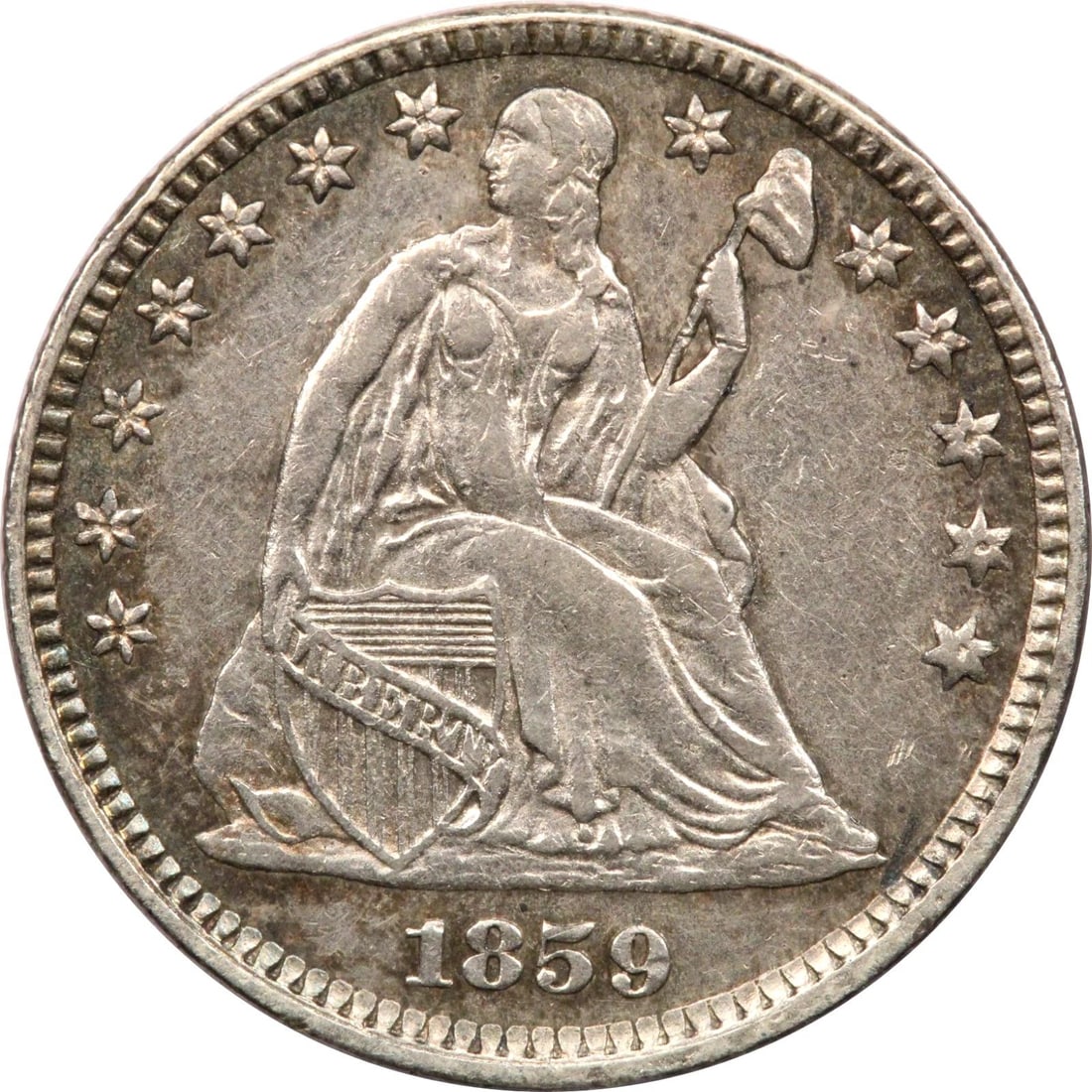 1859 SEATED LIBERTY HALF DIME, ABOUT UNCIRCULATED AU+, TONED: 1859 SEATED LIBERTY HALF DIME, ABOUT UNCIRCULATED AU+, TONED 1859 Seated Liberty Half Dime, About Uncirculated AU+, Toned THE ITEM(S) IN THE PHOTO(S) IS THE EXACT ITEM(S) YOU WILL RECEIVE!