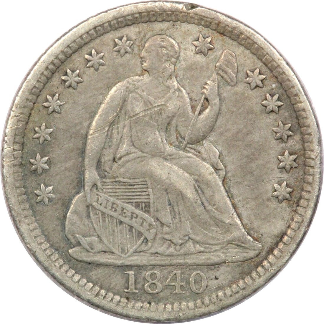 1840 WITH DRAPERY SEATED LIBERTY HALF DIME H10C, EXTREMELY FINE XF, BENT (1 of 2)