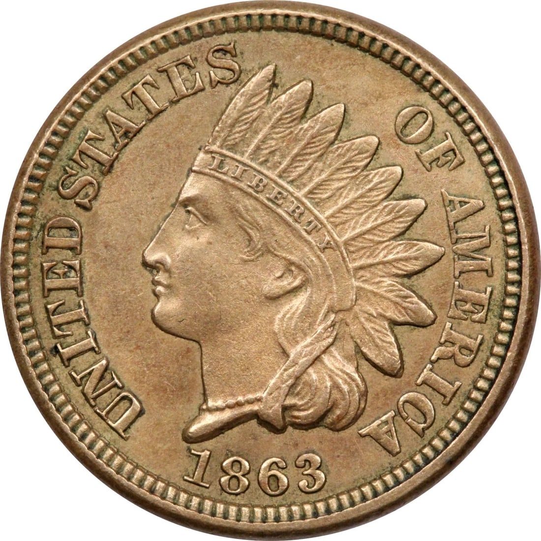 1863 COPPER NICKEL INDIAN HEAD CENT 1C, UNCIRCULATED BU, LIGHTLY CLEANED (1 of 2)