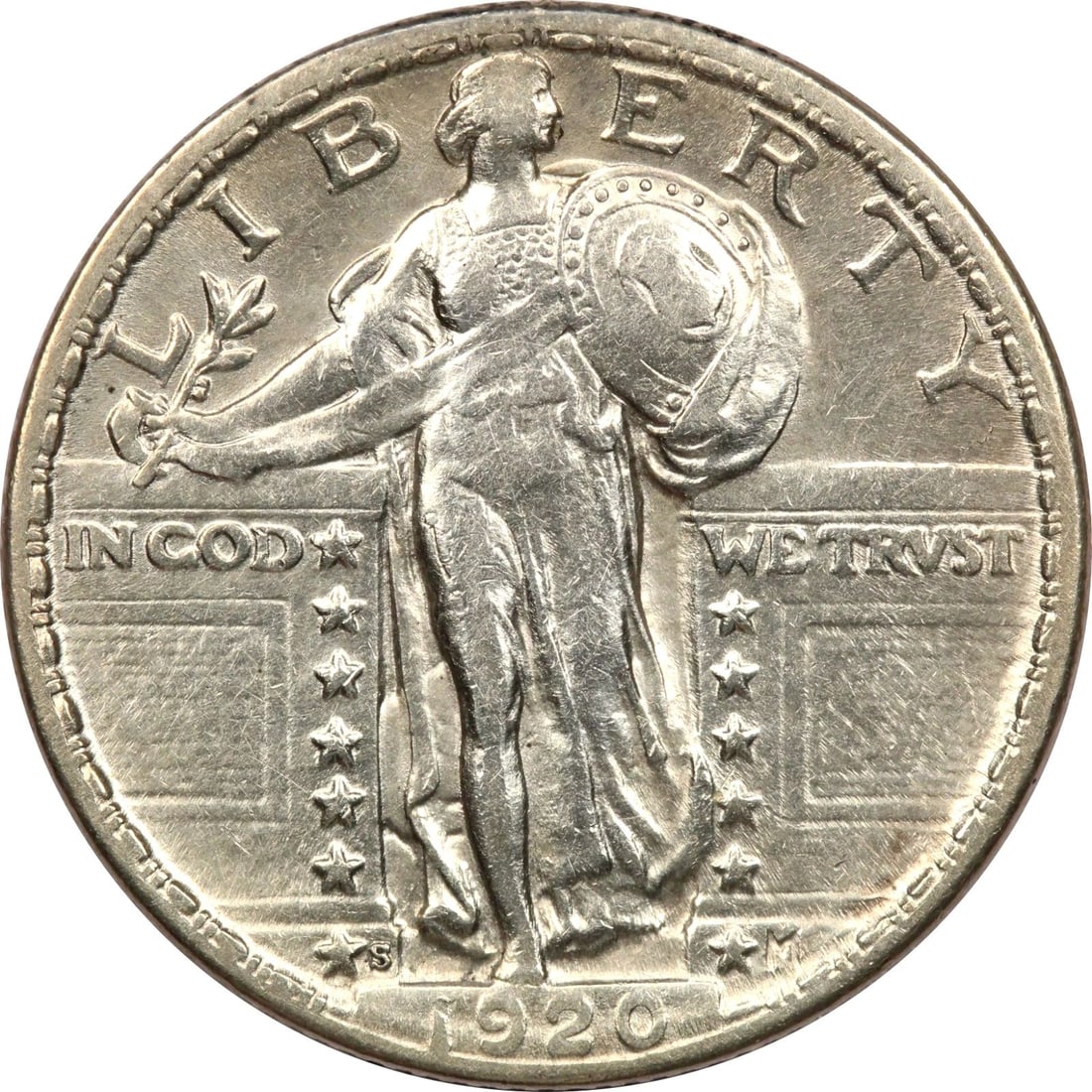 1920-S STANDING LIBERTY QUARTER 25C, ABOUT UNCIRCULATED AU, CLEANED (1 of 2)