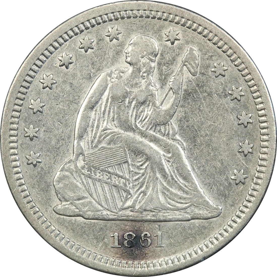 1861 SEATED LIBERTY QUARTER 25C, ABOUT UNCIRCULATED AU: 1861 SEATED LIBERTY QUARTER 25C, ABOUT UNCIRCULATED AU 1861 Seated Liberty Quarter 25C, About Uncirculated AU THE ITEM(S) IN THE PHOTO(S) IS THE EXACT ITEM(S) YOU WILL RECEIVE!
