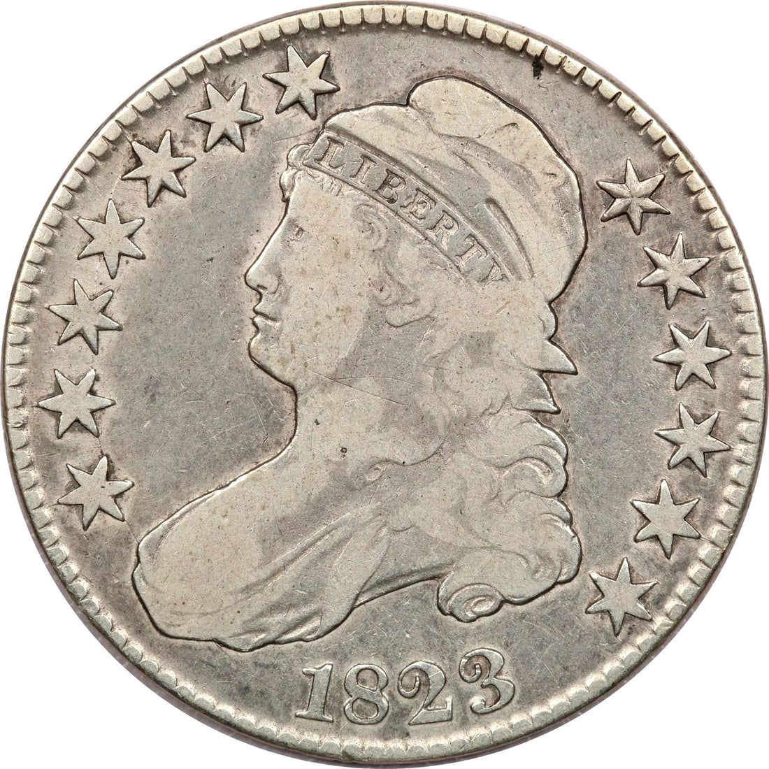 1823 CAPPED BUST HALF DOLLAR 50C, FINE F+ (1 of 2)