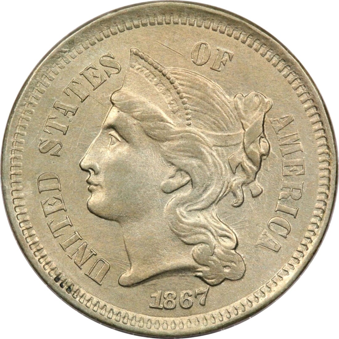 1867 THREE CENT NICKEL 3CN, BRILLIANT UNCIRCULATED BU (1 of 2)