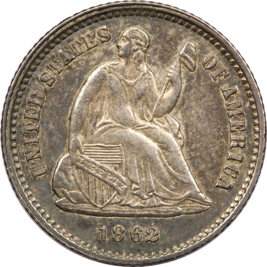 1862 SEATED LIBERTY HALF DIME H10C, ABOUT UNCIRCULATED AU, TONED (1 of 2)